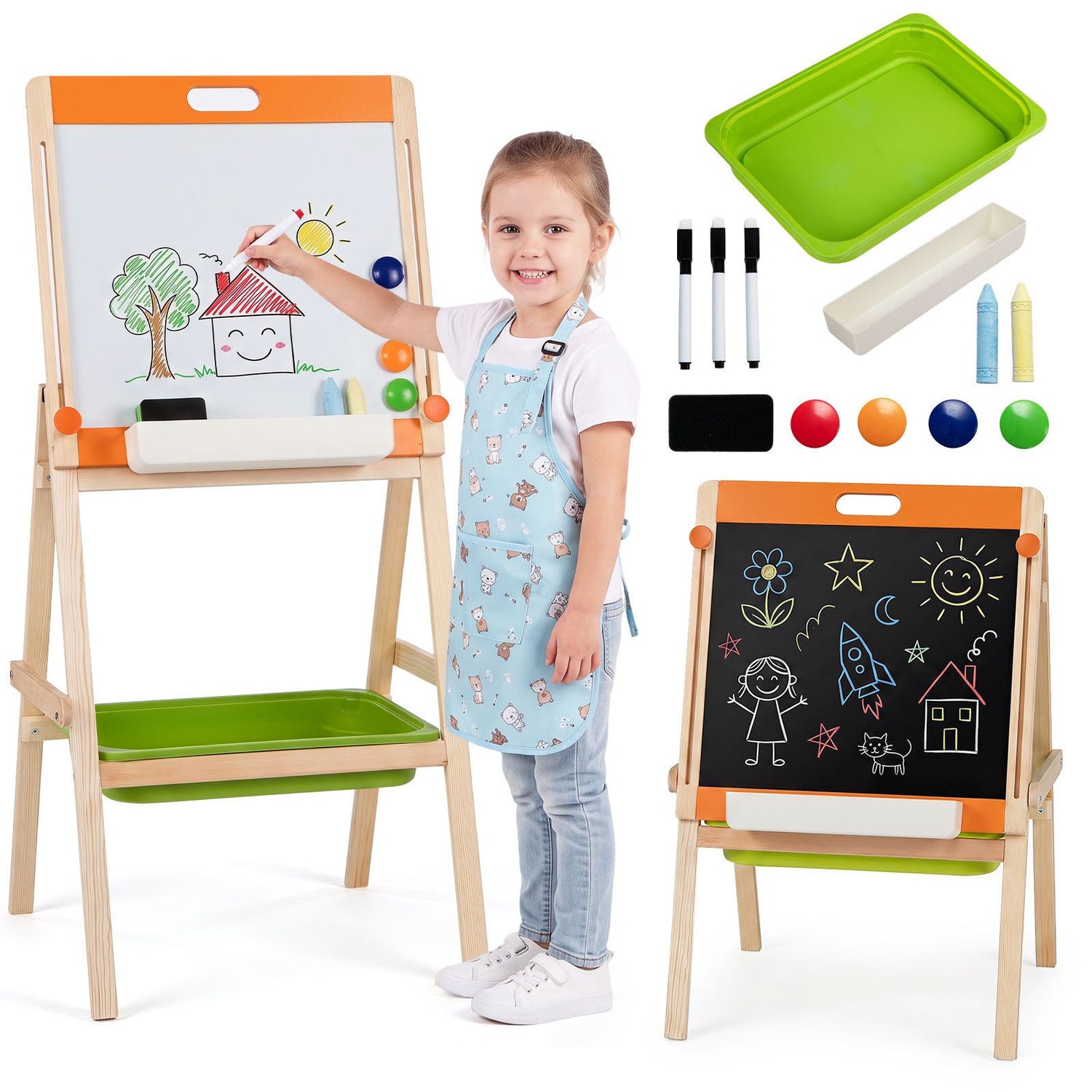 2 in 1 Kids Easel, Double-Sided Easel with Adjustable Whiteboard