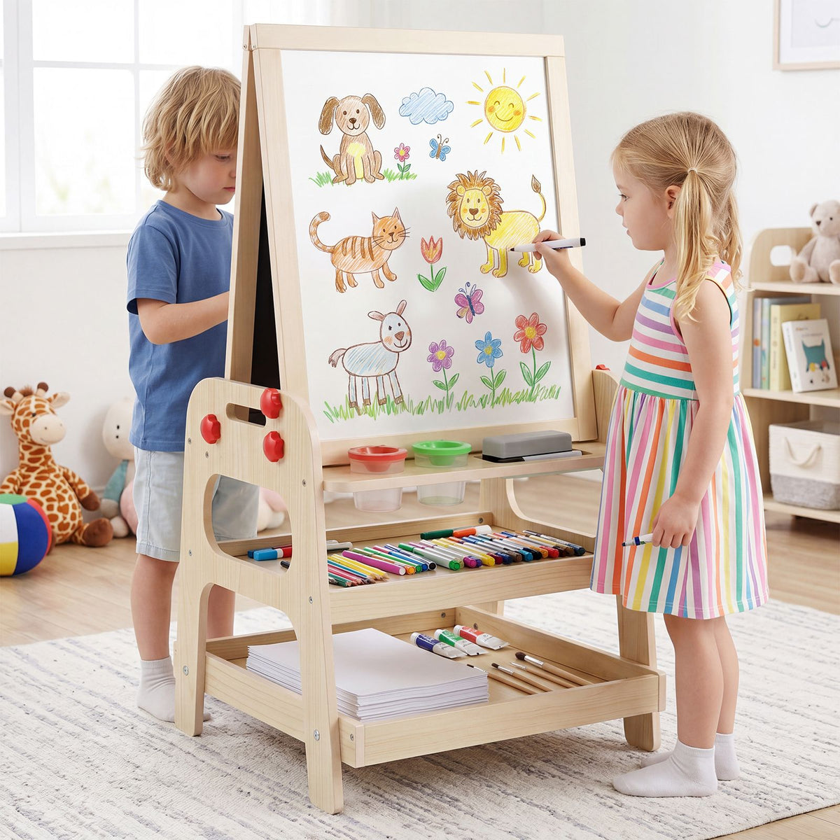 2 in 1 Kids Art Easel with Magnetic Whiteboard Marble Run Game