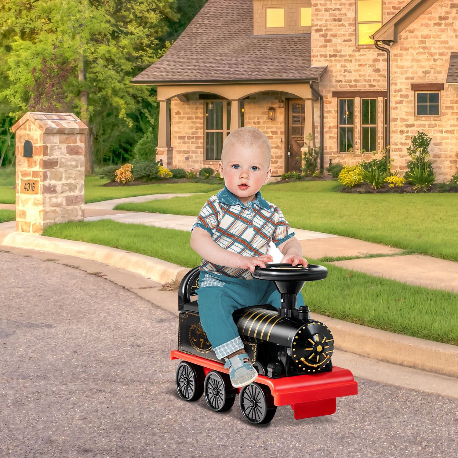 GYMAX Ride On Train with Tracks, 6V Kids Electric Car with Storage Seat, Music & Lights