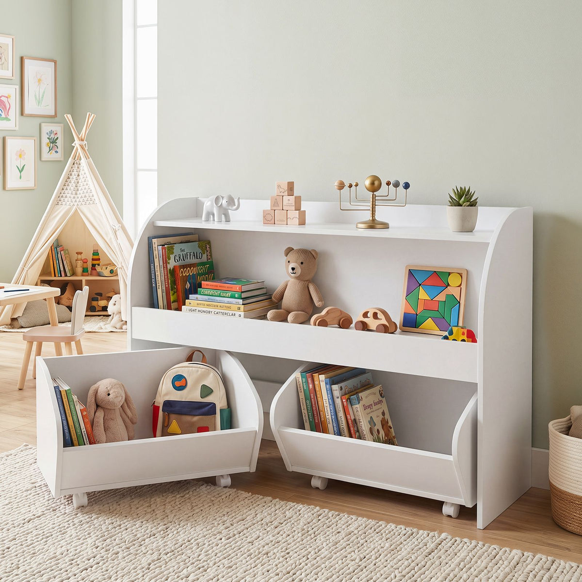 3-Tier Kids Toy Storage Organizer with 2 Rolling Drawers Bookcase for Kids Room