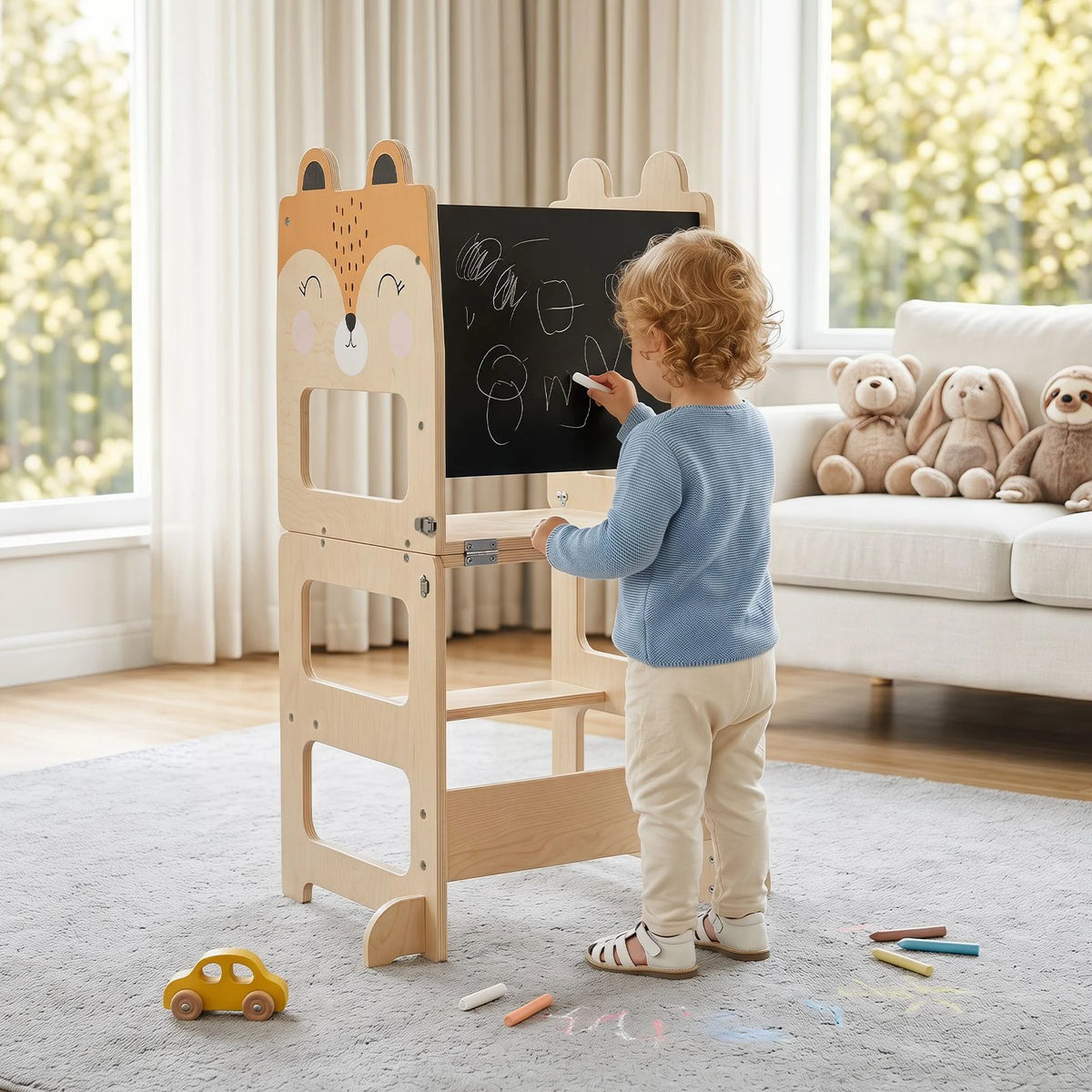 3-in-1 Toddler Kitchen Step Stool Foldable Standing Tower with Blackboard