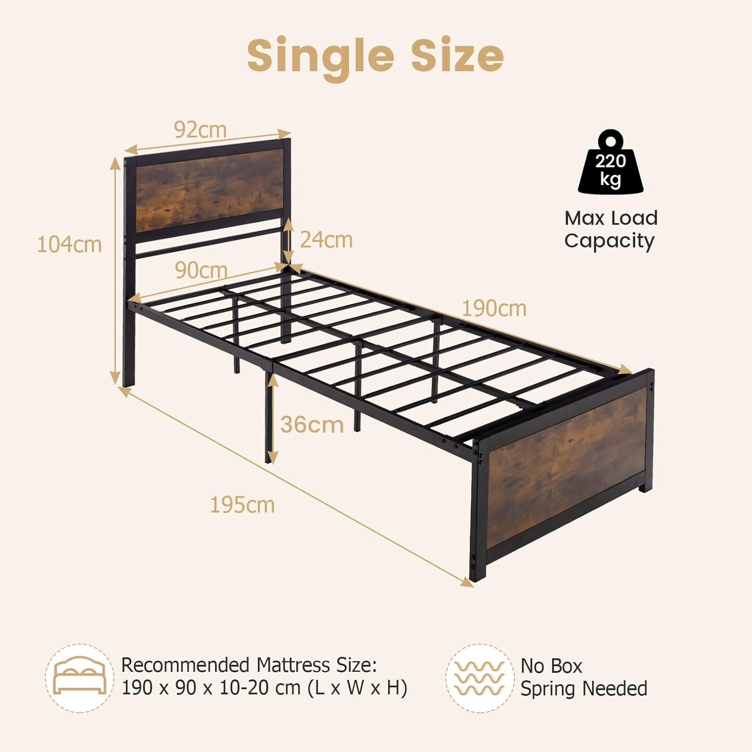 Single Metal Bed Frame, 3FT Steel Slat Support Bed with Headboard, Footboard and Underbed Storage Space