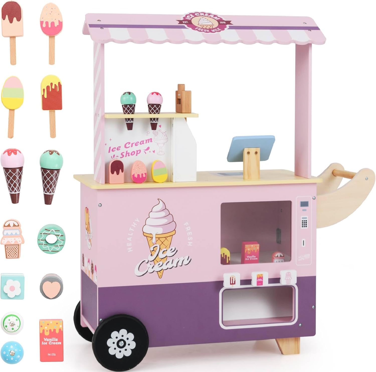 GYMAX Wooden Ice Cream Cart, Kids Grocery Store with 2 Wheels, Vending Machine, Display Stand & 15 Pcs Play Food