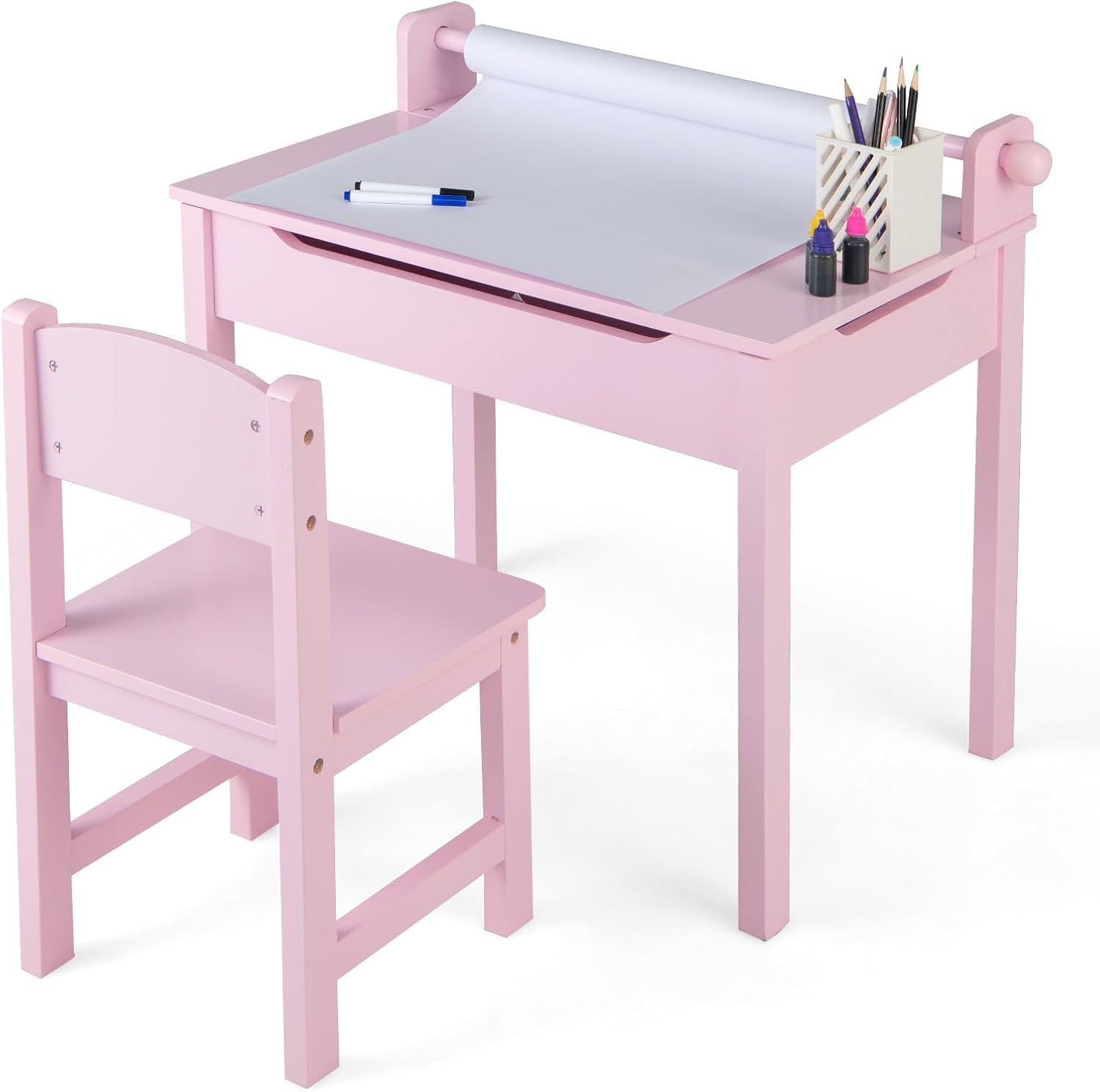 GYMAX Kids Desk and Chair Set, Wooden Children Art Table with Storage Space, Paper Roll and Markers