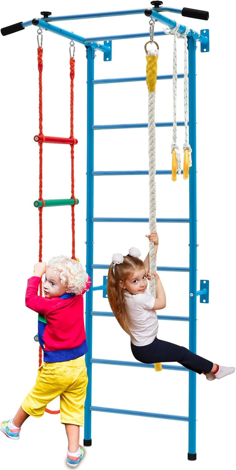 GYMAX Swedish Ladder Wall Set, 5 in 1 Gymnastics Wall Bar with Pull-Up Bar, Rope Ladder