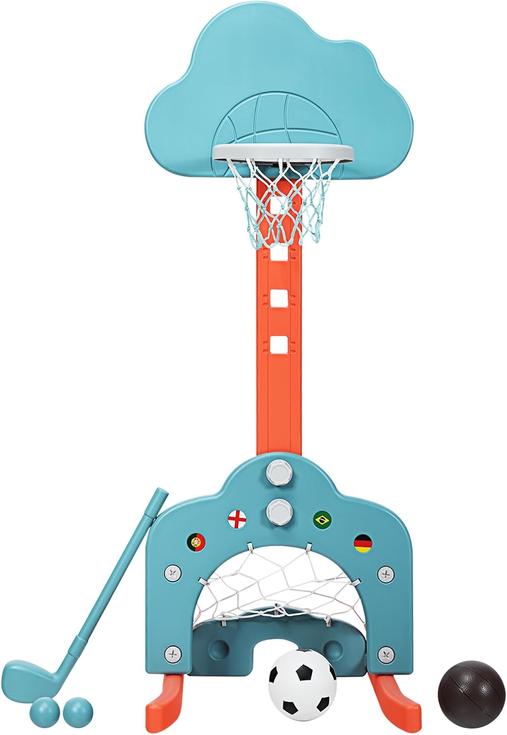 GYMAX 3-IN-1 Kids Basketball Stand, Basketball Hoop Set with Soccer and Golf Play