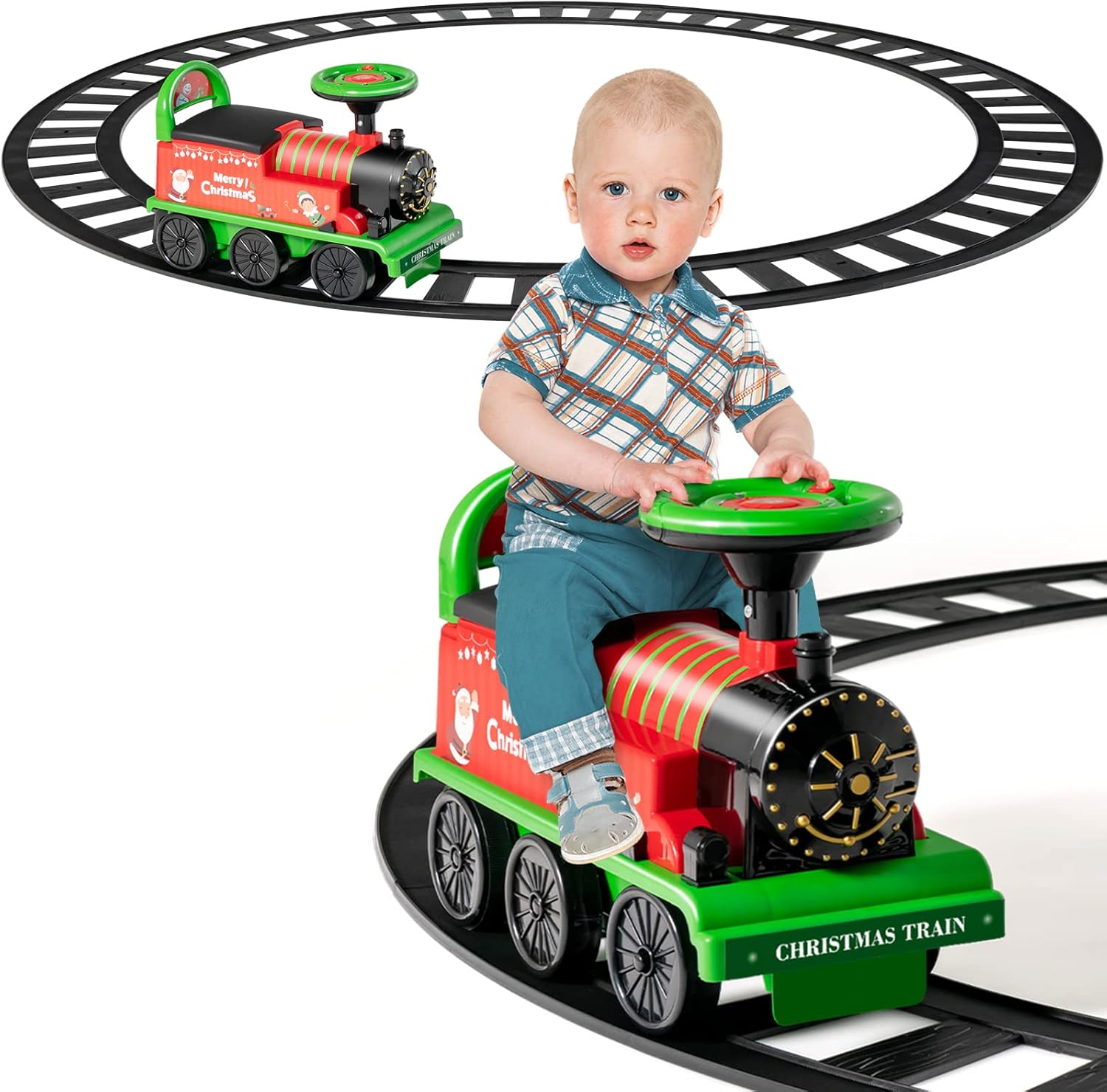 GYMAX Ride On Train with Tracks, 6V Kids Electric Car with Storage Seat, Music & Lights