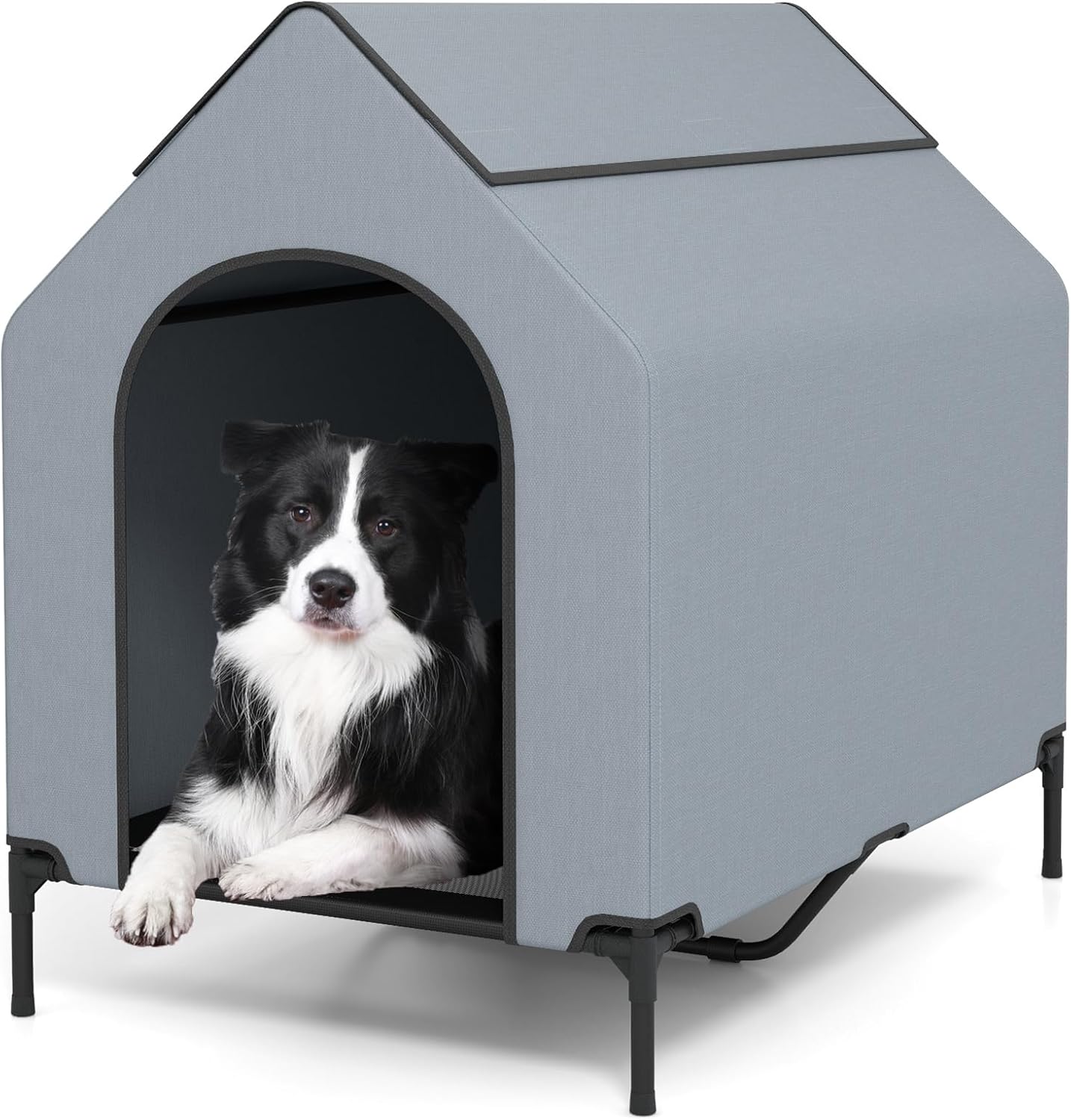 GYMAX Dog House, 2 in 1 Elevated Dog Bed with Weatherproof 600D Oxford Canopy and 2 Top Windows