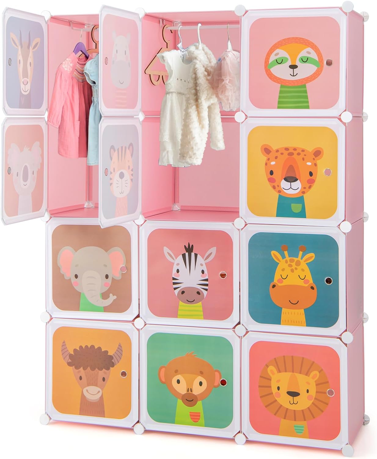 GYMAX Cartoon Clothes Closet, Portable Kids Wardrobe with Hanging Section( 12 Cubes Animal: 109 x 37 x 145cm)