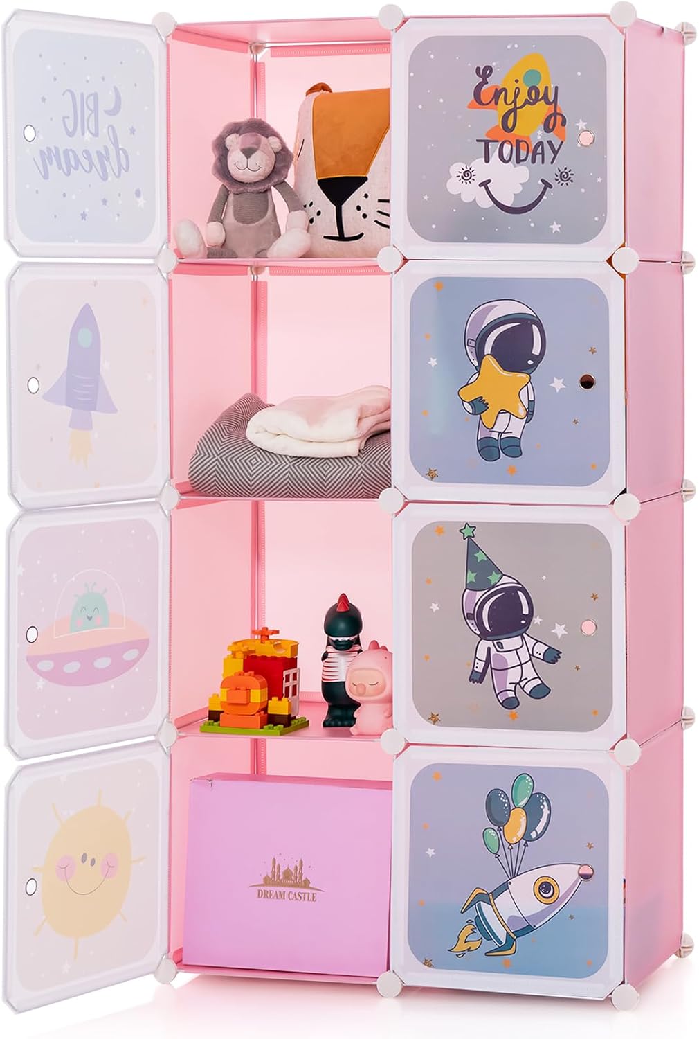 GYMAX Cartoon Clothes Closet, Portable Kids Wardrobe with Hanging Section( 8 Cubes Space: 74 x 36 x 144cm)