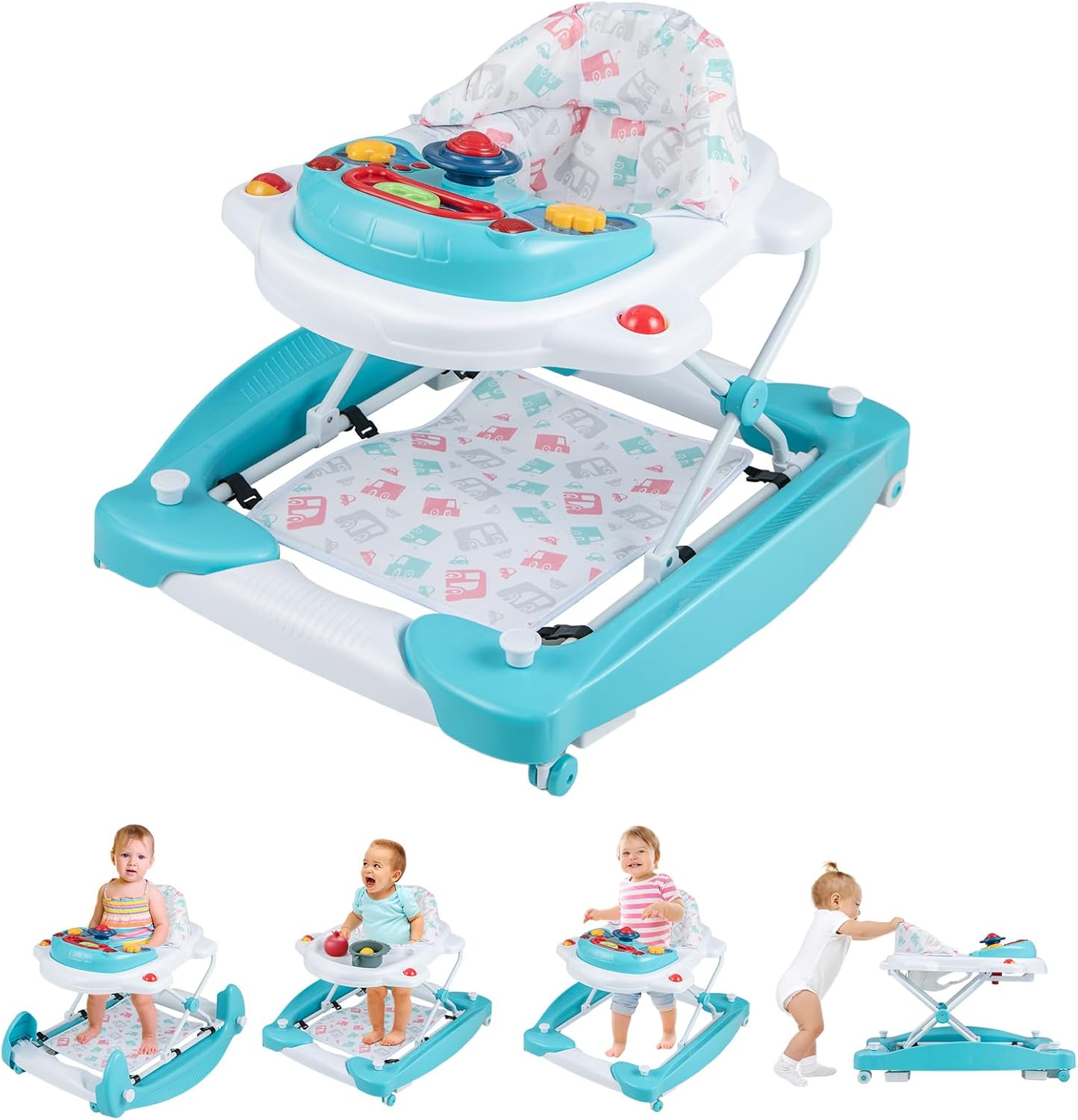 GYMAX Baby Walker, 6 in 1 Foldable Toddler Push Along Walker with Wheels, Music Tray, Lights and Rocker Mode