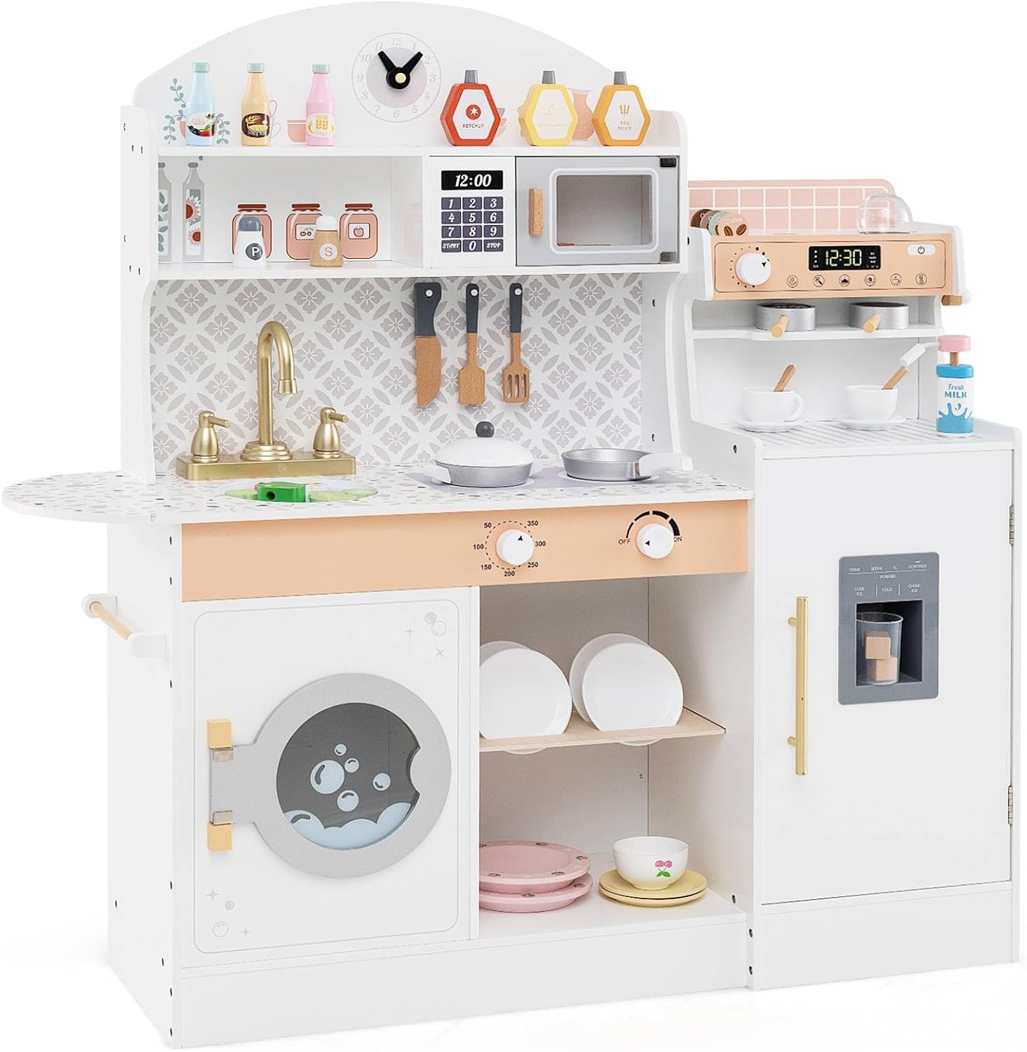 GYMAX Kids Play Kitchen, Wooden Toy Kitchen with Stoves, Microwave, Washing Machine