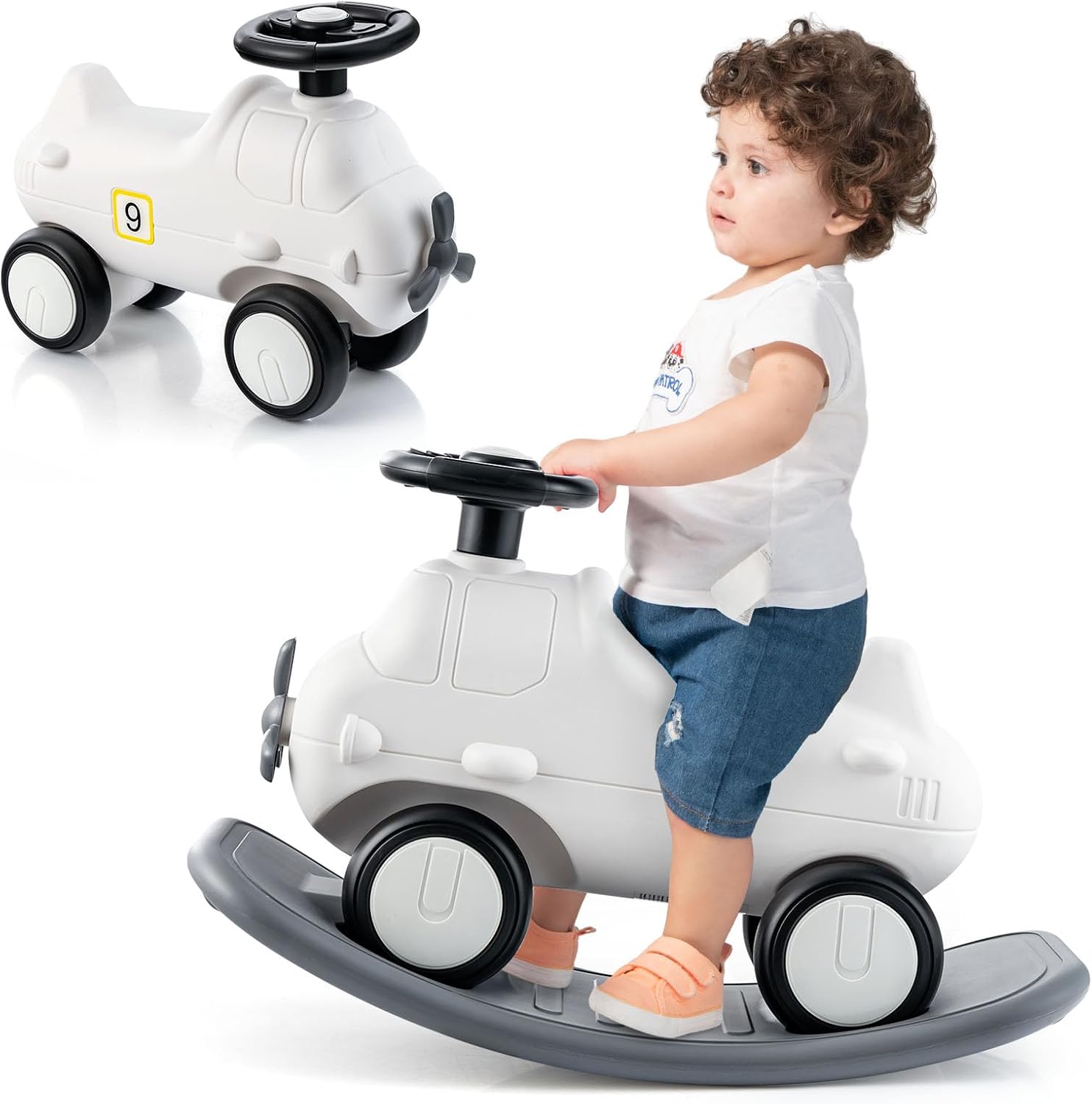 GYMAX Kids Rocking Horse, 3 in 1 Toddler Ride On Car with Detachable Balance Board