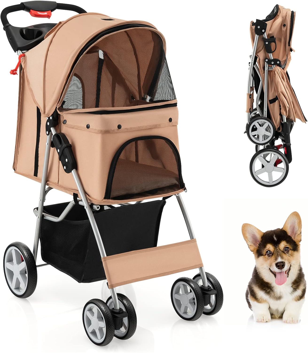 GYMAX Folding Pet Stroller, Portable Pet Travel Pushchair with 4 Wheels, Safety Belt