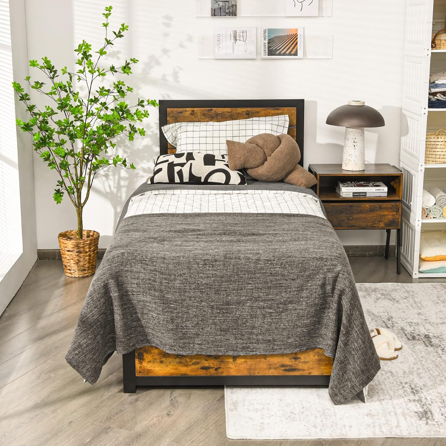 Single Metal Bed Frame, 3FT Steel Slat Support Bed with Headboard, Footboard and Underbed Storage Space