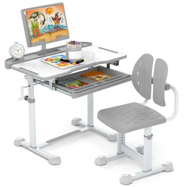 Height-Adjustable Kid's Study Desk and Chair Set with Tilt Desktop and Footrest Bar