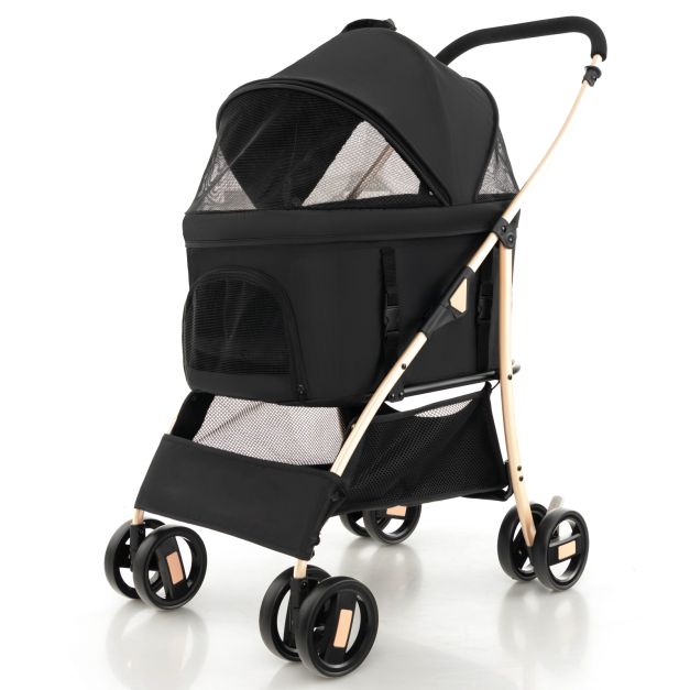 Foldable Pet Stroller with 4-Level Adjustable Canopy and Storage Basket
