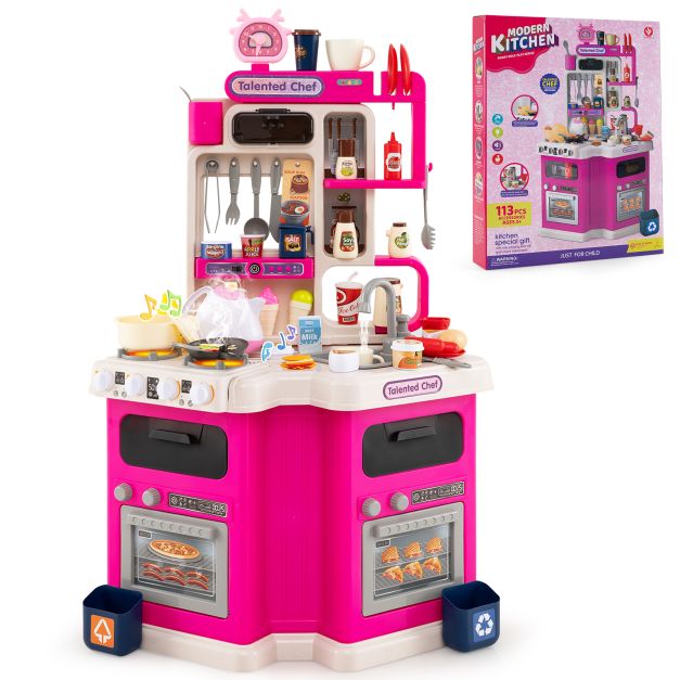 Kids Kitchen Playset Corner Play Kitchen with Realistic Sounds and Lights