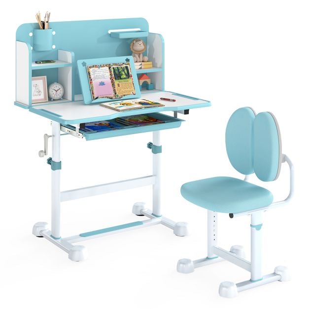 Kid's Study Desk and Chair Set with Tilt Desktop and Footrest Bar