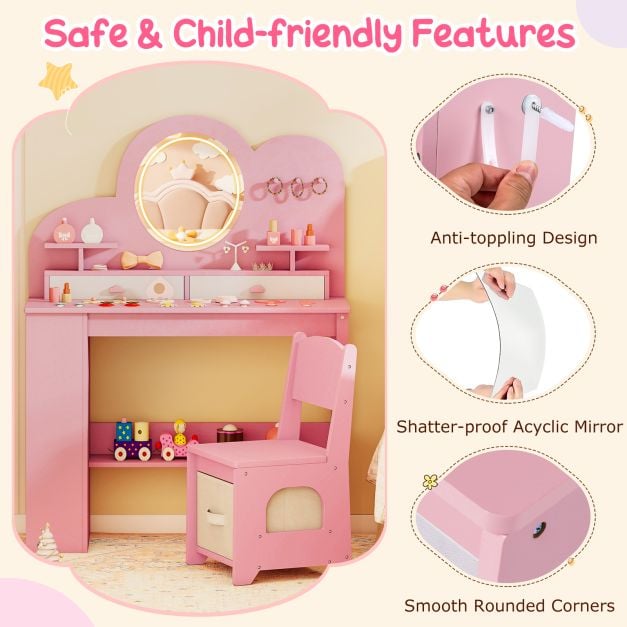 Kids Vanity with Lights Princess Vanity Table and Chair Set with 2 Drawers