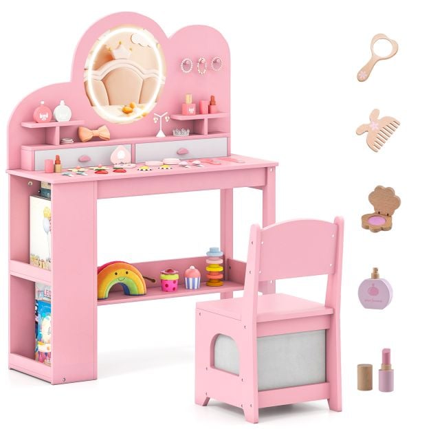 Kids Vanity with Lights Princess Vanity Table and Chair Set with 2 Drawers