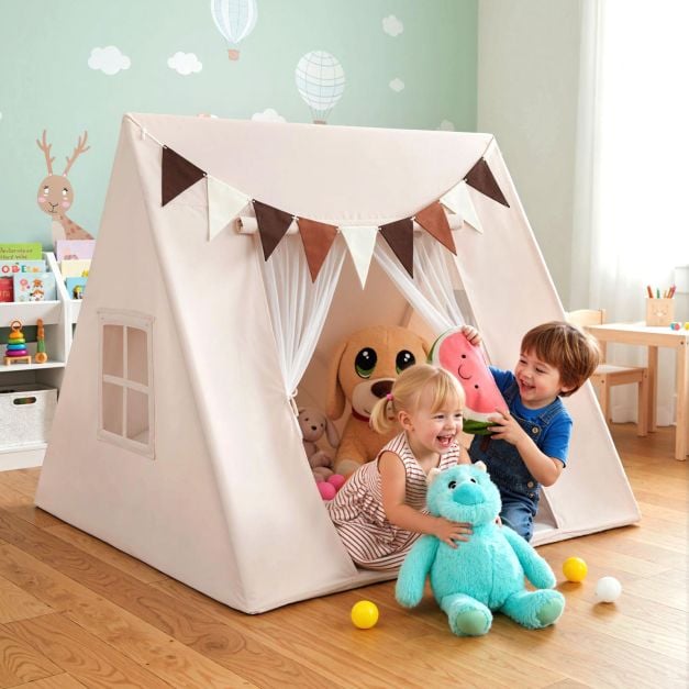 Large Kids Playhouse Tent with Washable Padded Mat and Colorful Flags