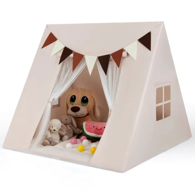 Large Kids Playhouse Tent with Washable Padded Mat and Colorful Flags