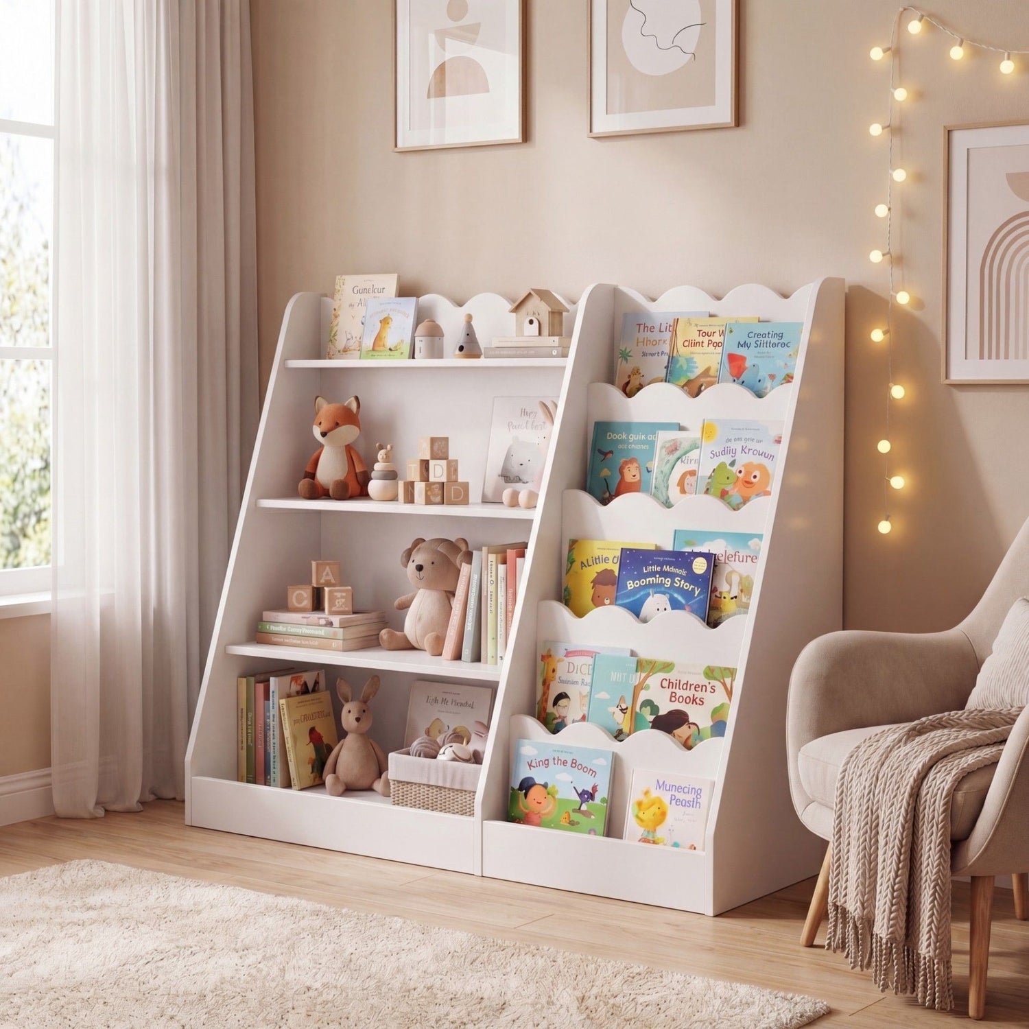 Montessori Kids Bookshelf with 5-Tier Scalloped Shelves for Nursery and Kids Room