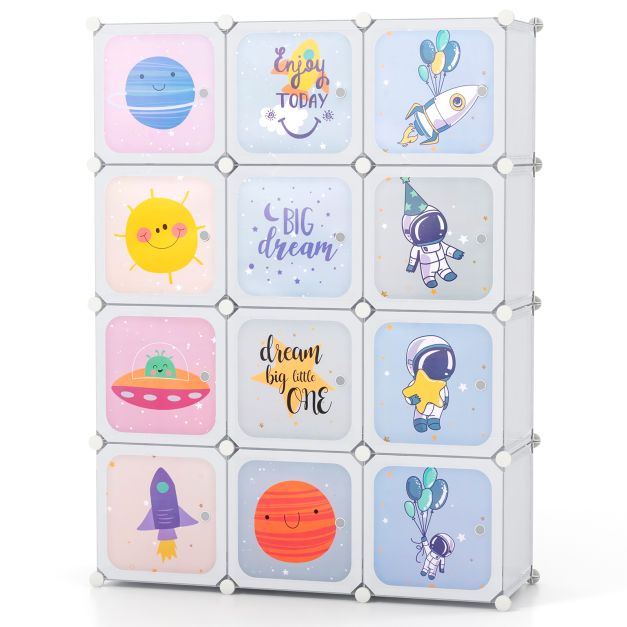 Portable Children Wardrobe with 12 Cubes and 2 Clothes Hanging Section