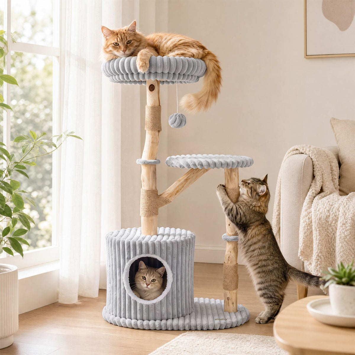 Solid Wood Cat Tree with Real Wood Branches and Scratching Posts for Indoor