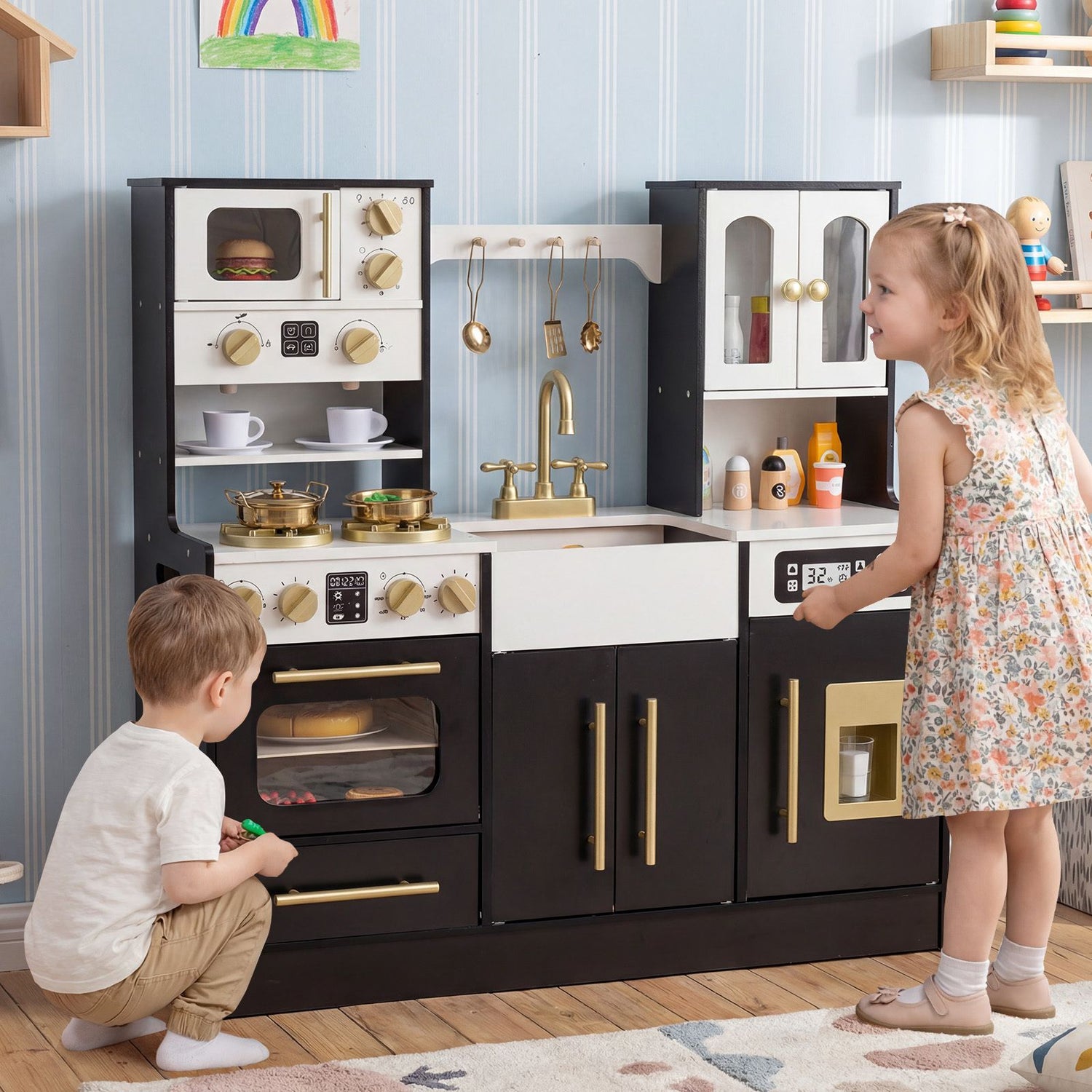 Wooden Play Kitchen with Realistic Lights and Sounds for Boys Girls 3+