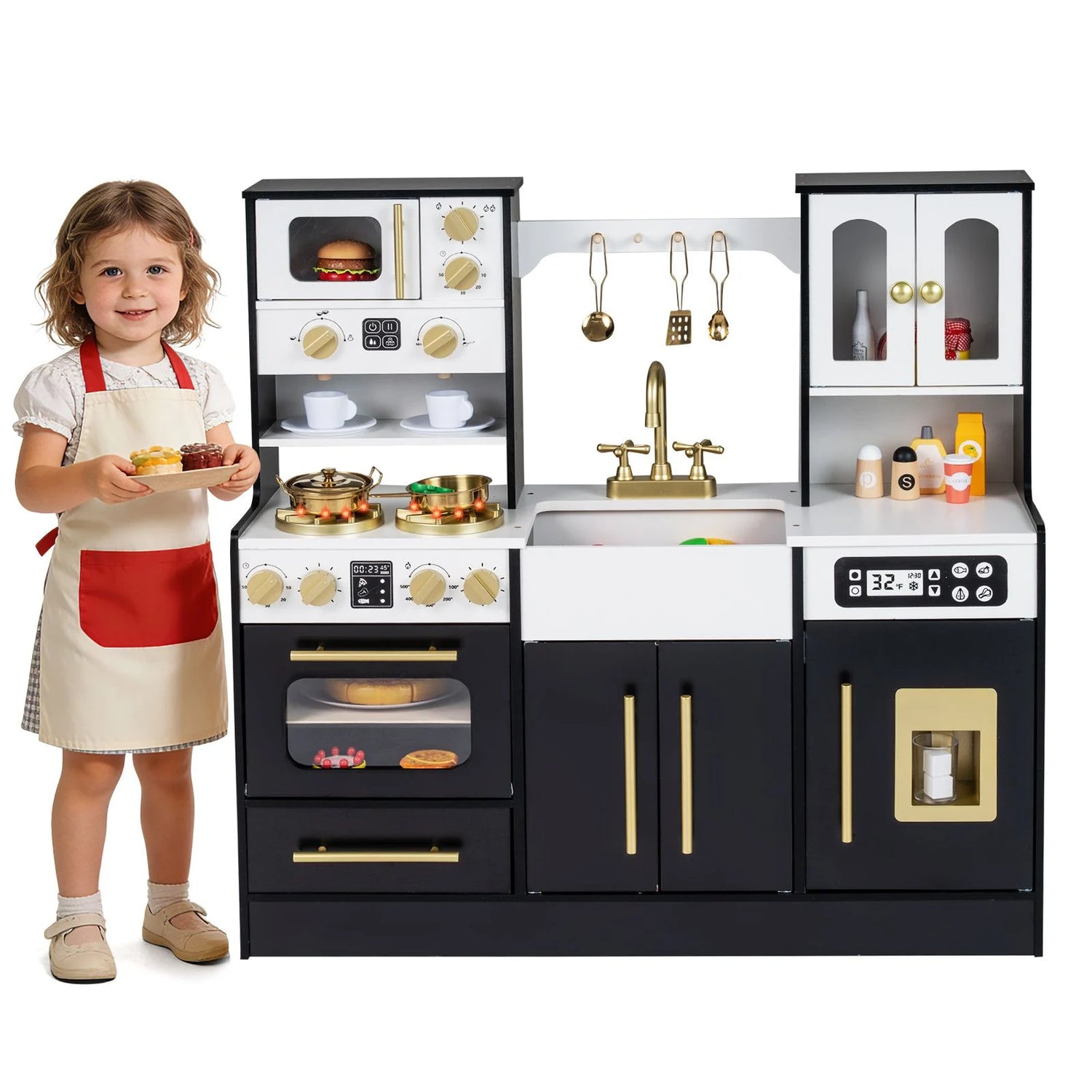 Wooden Play Kitchen with Realistic Lights and Sounds for Boys Girls 3+