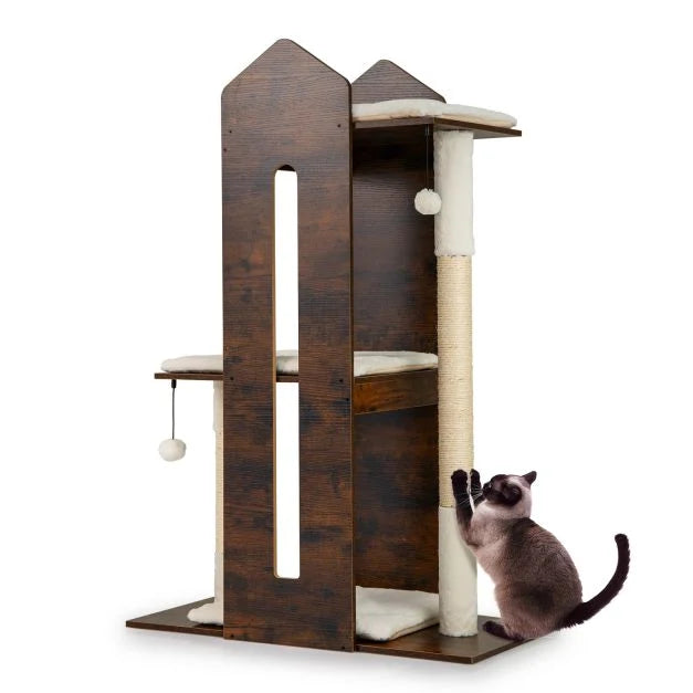Wooden Cat Activity Center with Sisal Scratching Posts and Hanging Balls