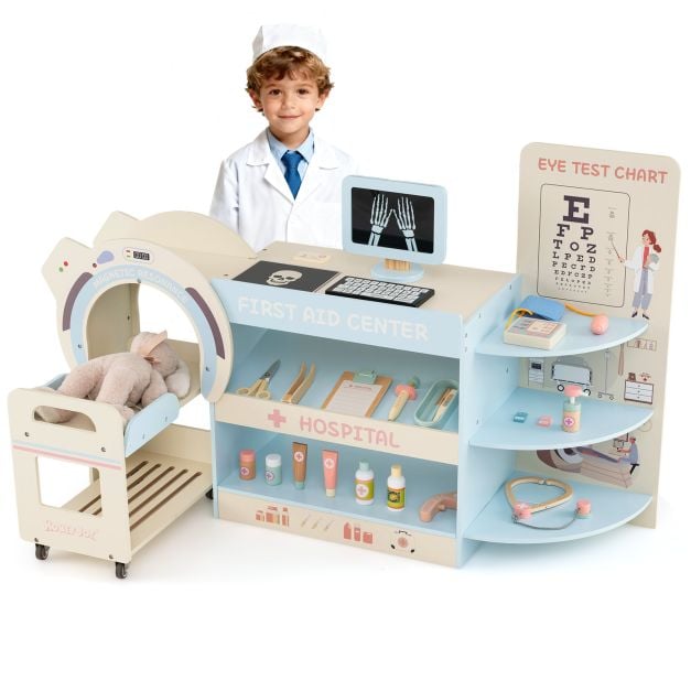 Wooden Pretend Hospital Office Kit with Eye Chart and Toy CT Machine