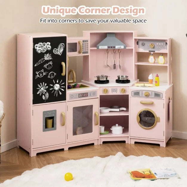 Corner Wooden Play Kitchen with Lights Sounds Toy Kitchen Playset