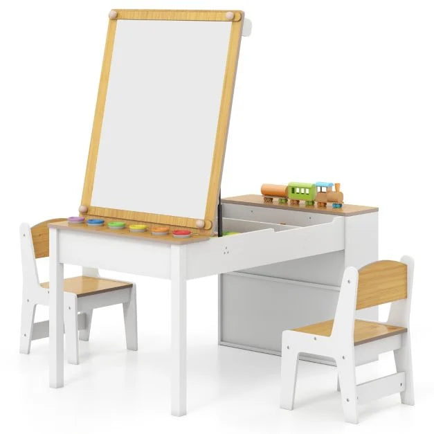 2-in-1 Kids Art Table and Easel Set with Chairs and Liftable Tabletop