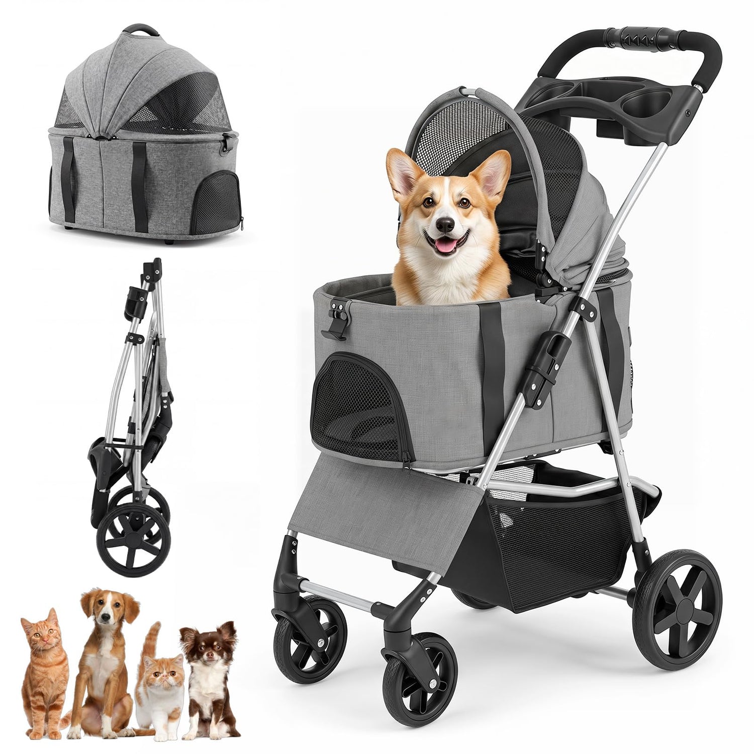 3-in-1 Pet Stroller, Foldable Dog Pushchair