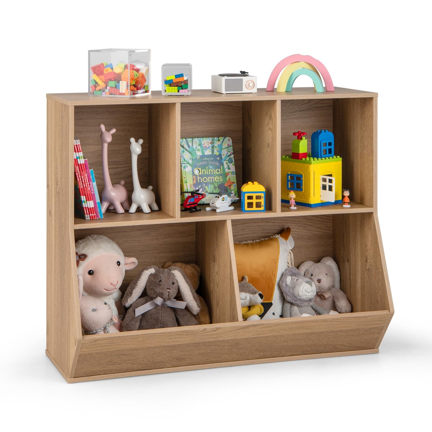 GYMAX Toy Storage Organizer, 5 Cubby Kids Storage Shelf Unit with Anti-Tipping Kits