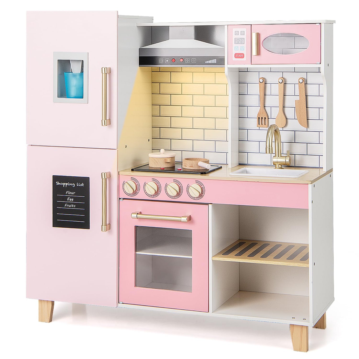 GYMAX Kids Play Kitchen, Children Toy Kitchen with Realistic Lights