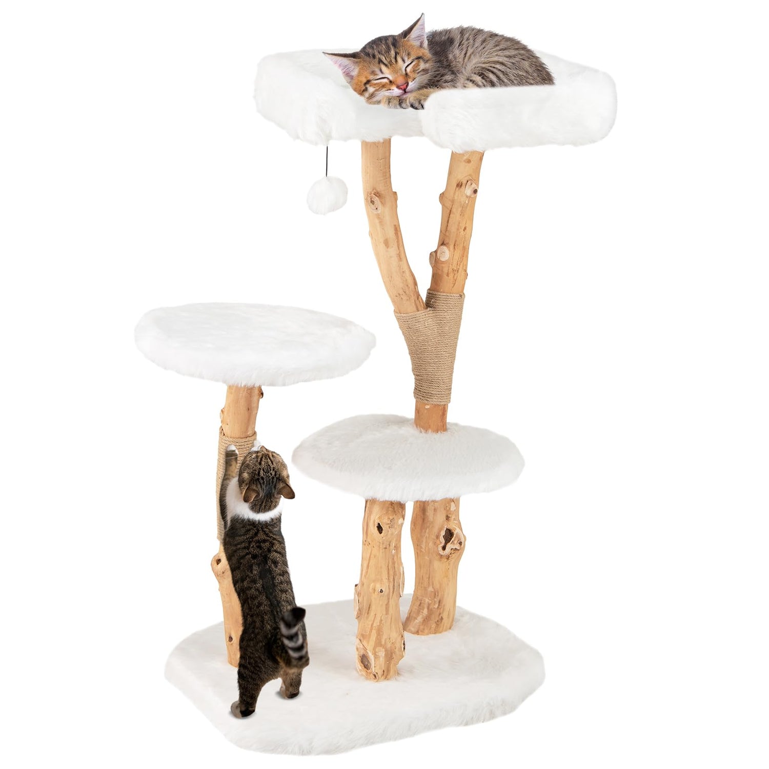 GYMAX Solid Wood Cat Tree, Modern Wooden Cat Tower with Perch