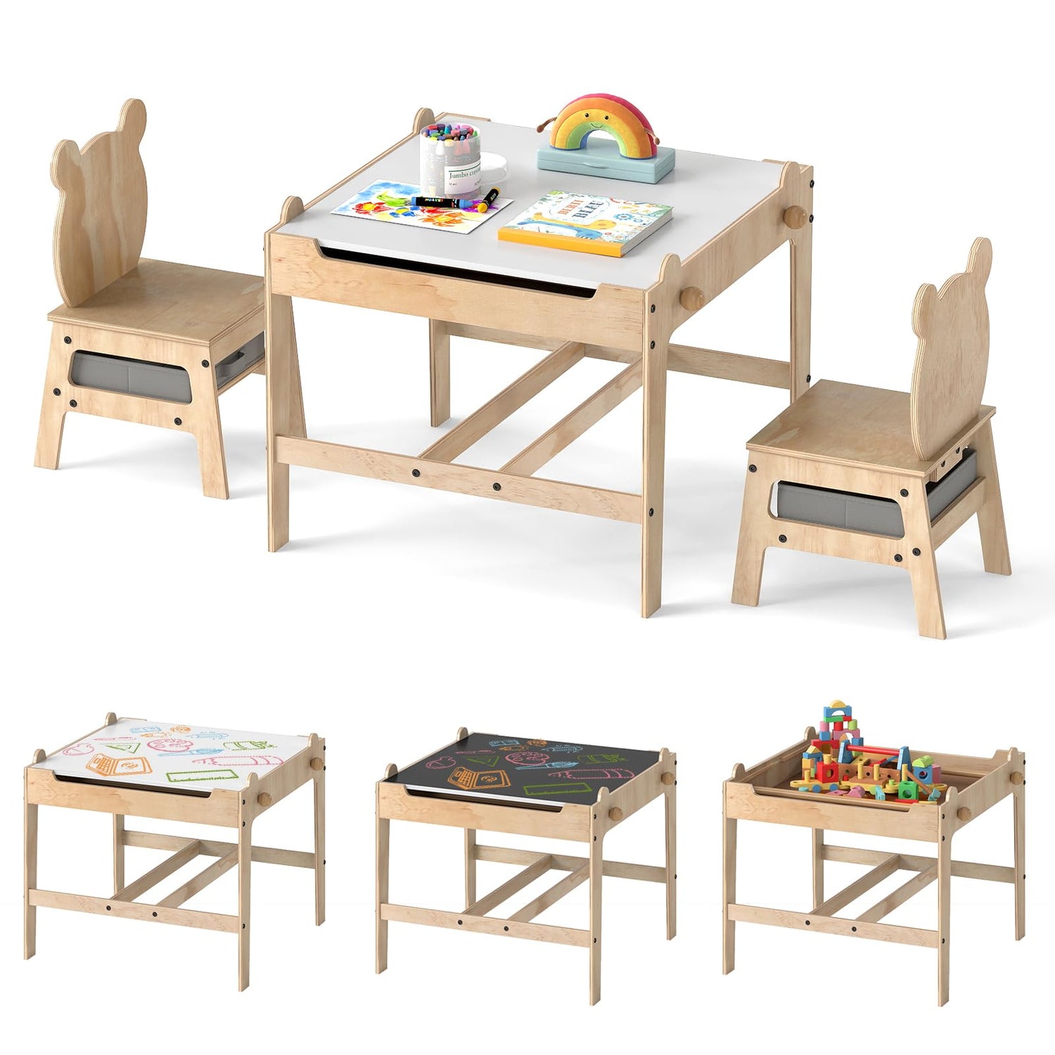 Kids Table and Chairs 4 in 1 Wooden Activity Desk Set (Bear Shape)