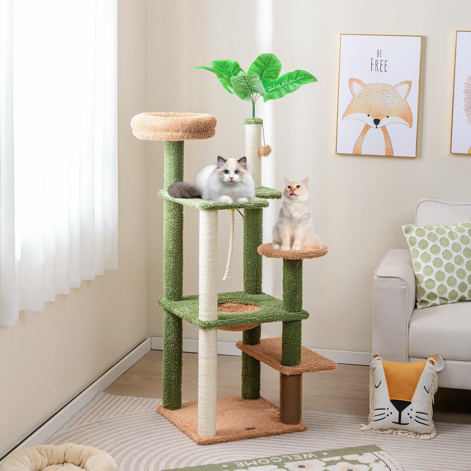 GYMAX Plant Cat Tree, 152cm Green Aesthetic Cat Tower with Sisal Scratching Posts, Artificial Leaves, Perch, Hammock