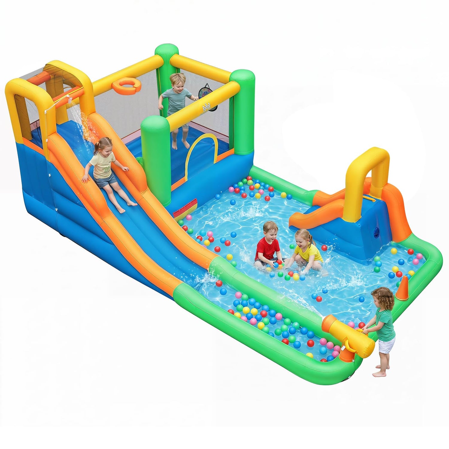 Inflatable Bouncy Castle, 11-in-1 Water Park with Double Slides