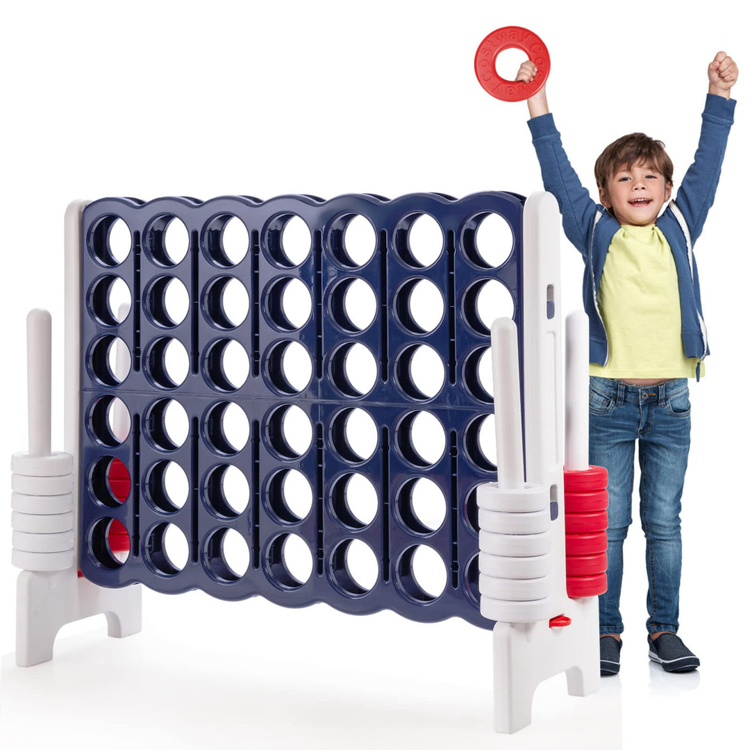 GYMAX Giant 4 in a Row Game, Jumbo 4 to Score Games with 42 Rings & Quick Release Slider (Navy Blue)