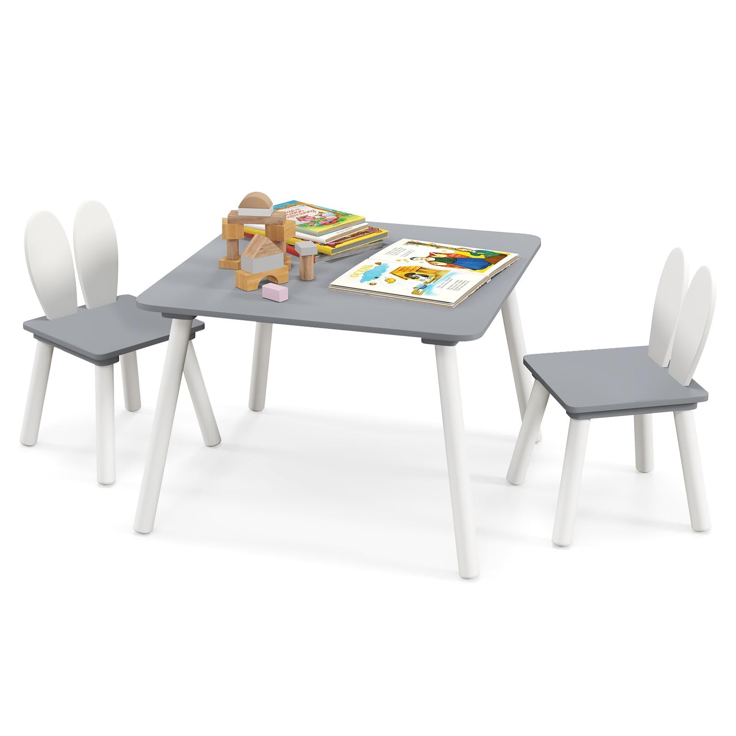 Kids Wooden Table and Rabbit Chairs Set with Space-Saving Structure