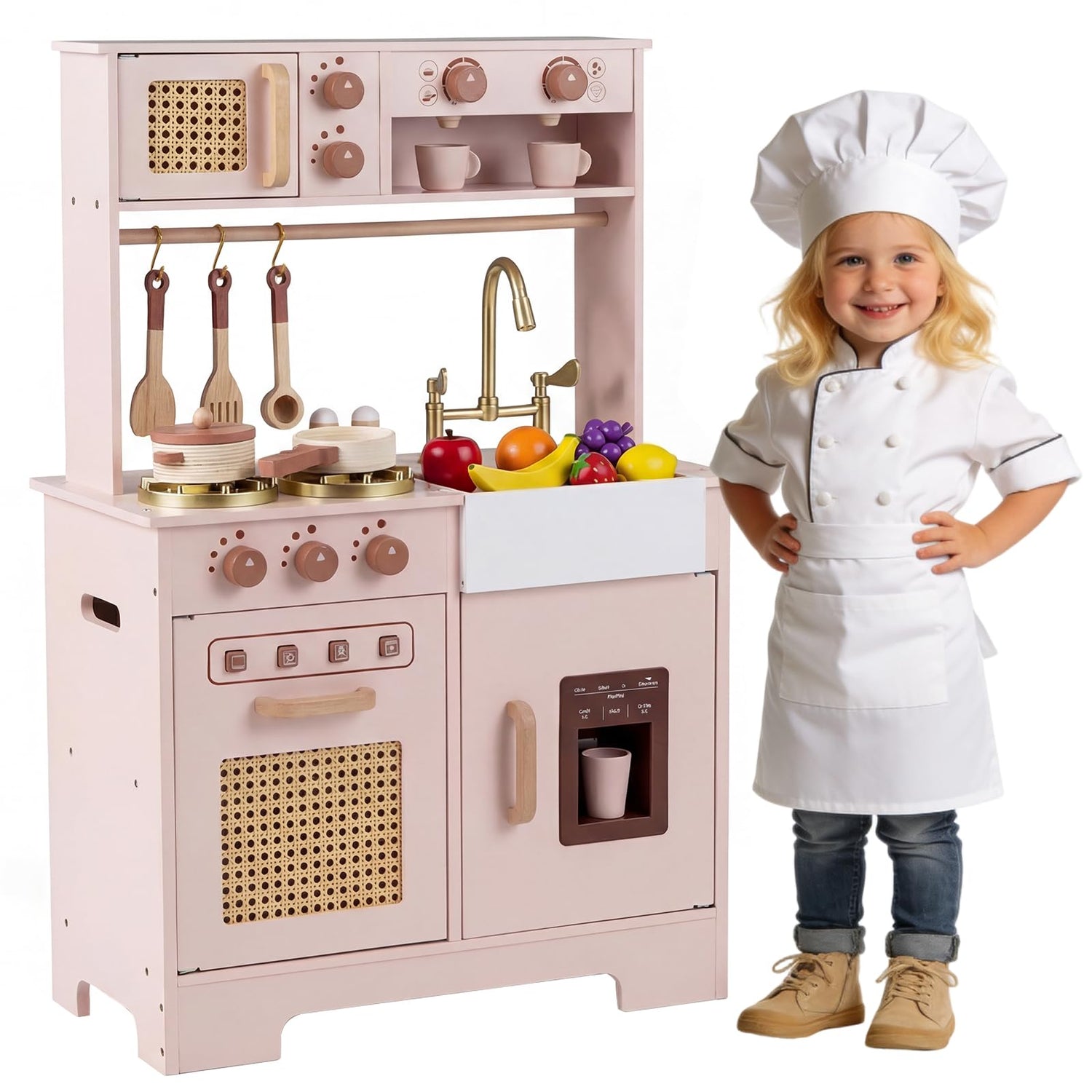 Kids Play Kitchen, Wooden Toy Kitchen with Stoves, Oven