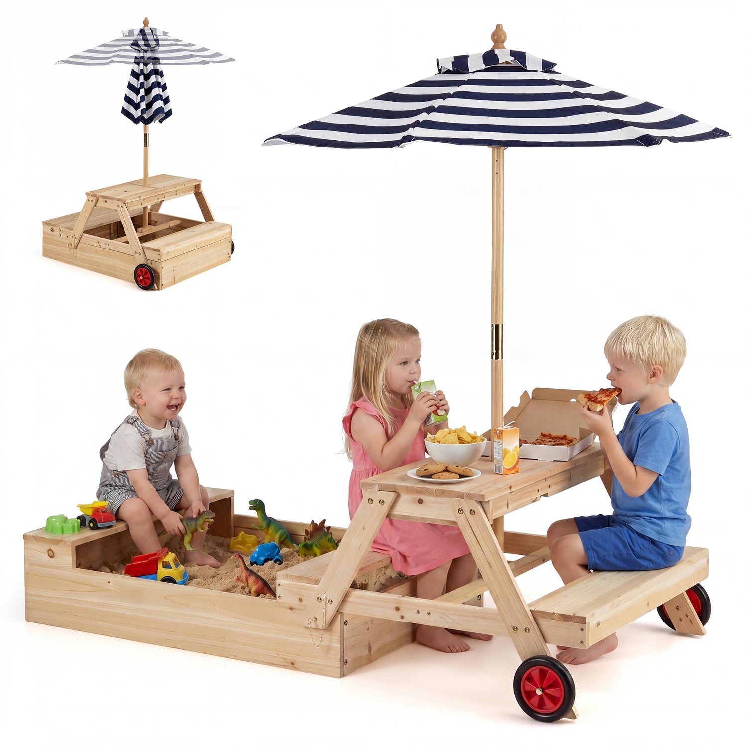 GYMAX Kids Picnic Table with Sandbox, Wooden Children Garden Table and Bench Set