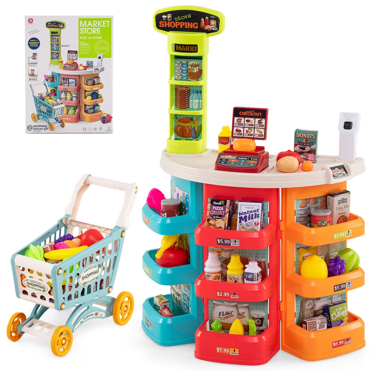 Supermarket Playset for Kids 76 Pieces Pretend Play Grocery Store Set