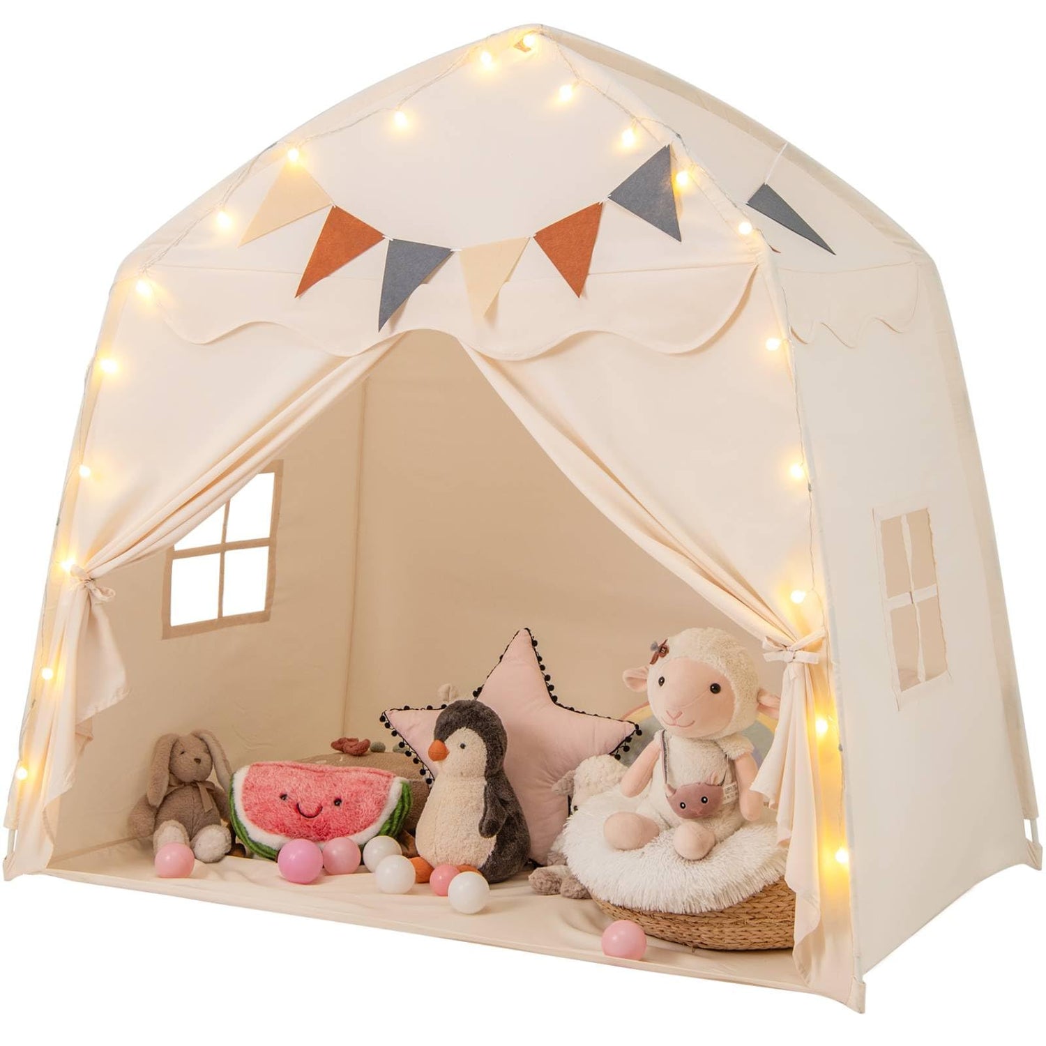 GYMAX Large Kids Tent, Toddler Play Tent with Flags and Globe String Lights