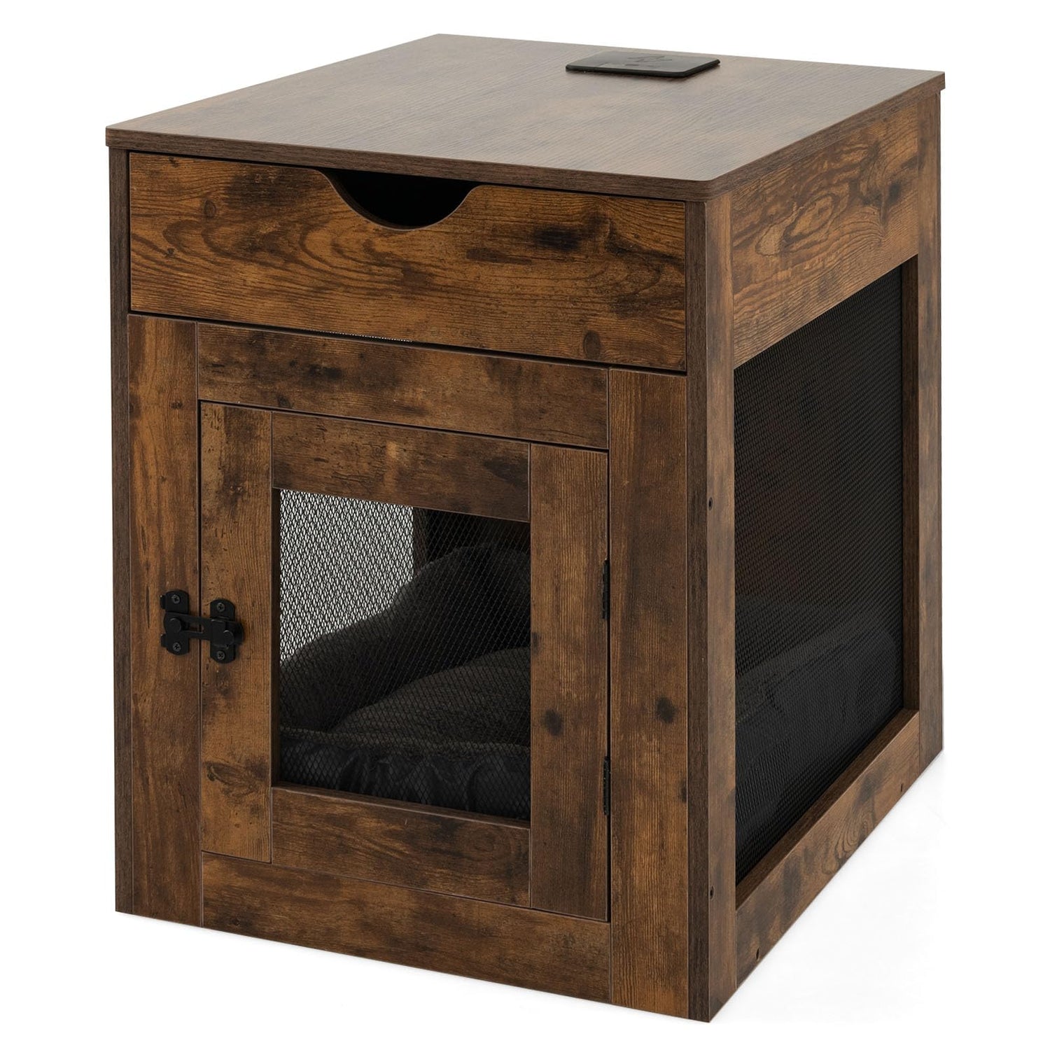 GYMAX Wooden Dog Crate with Drawer and Removable Pad
